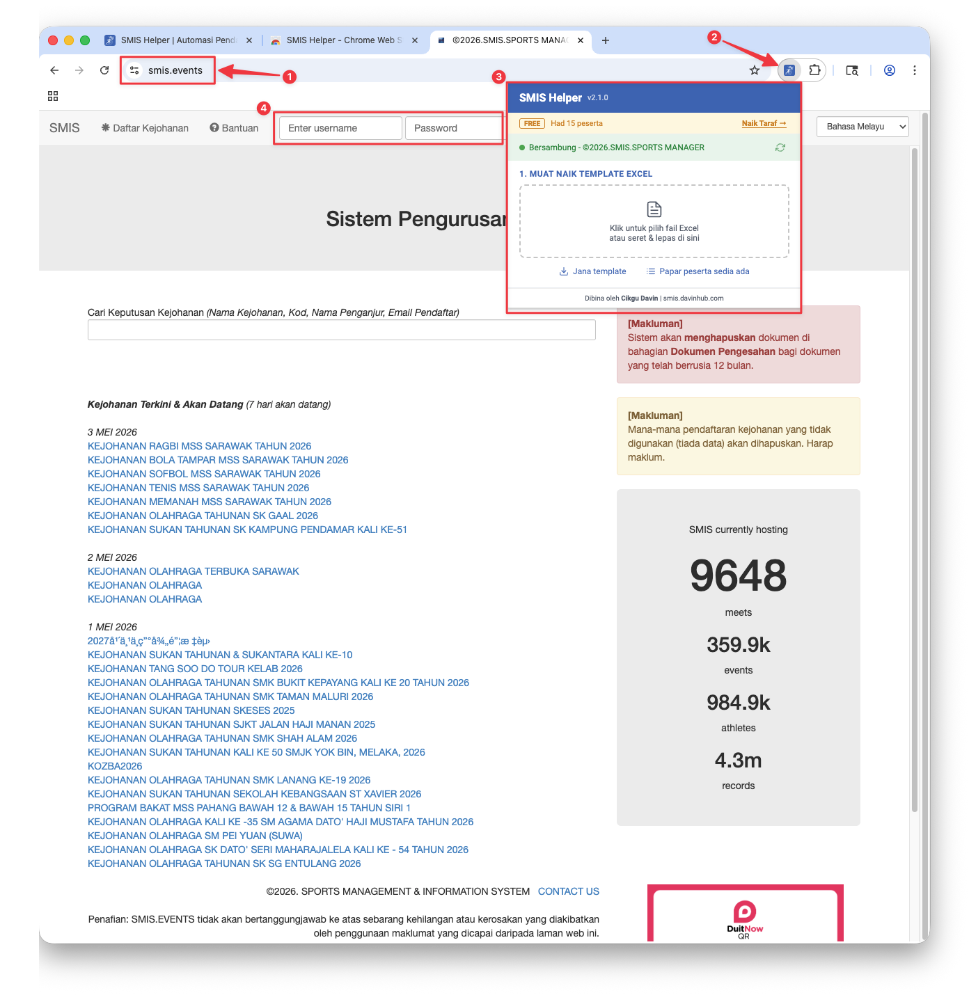 Laman smis.events dengan ikon SMIS Helper, popup, dan kotak log masuk diserlahkan