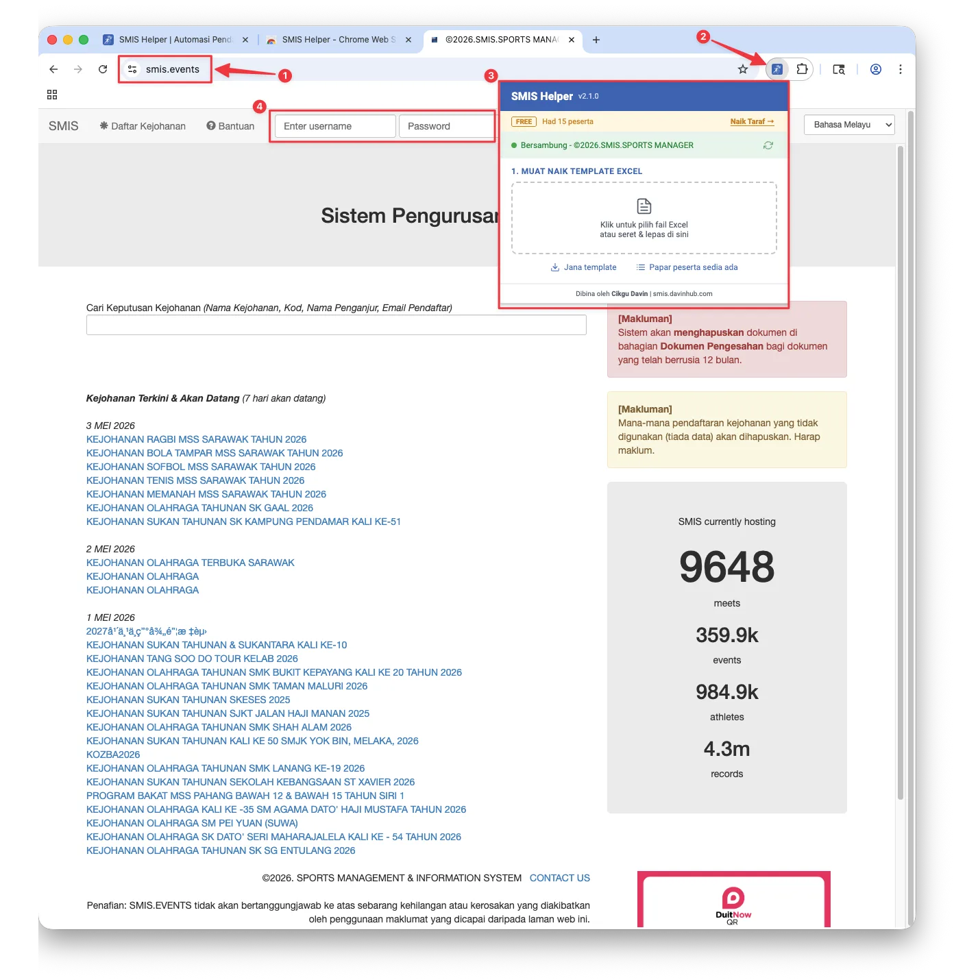 Laman smis.events dengan ikon SMIS Helper, popup, dan kotak log masuk diserlahkan