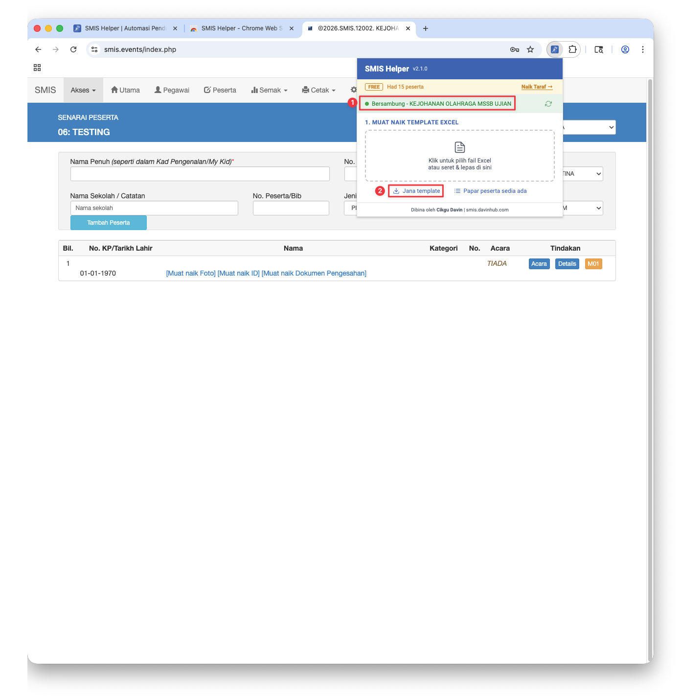 Halaman DAFTAR Peserta dengan popup SMIS Helper menunjukkan bar status hijau dan butang Jana template diserlahkan