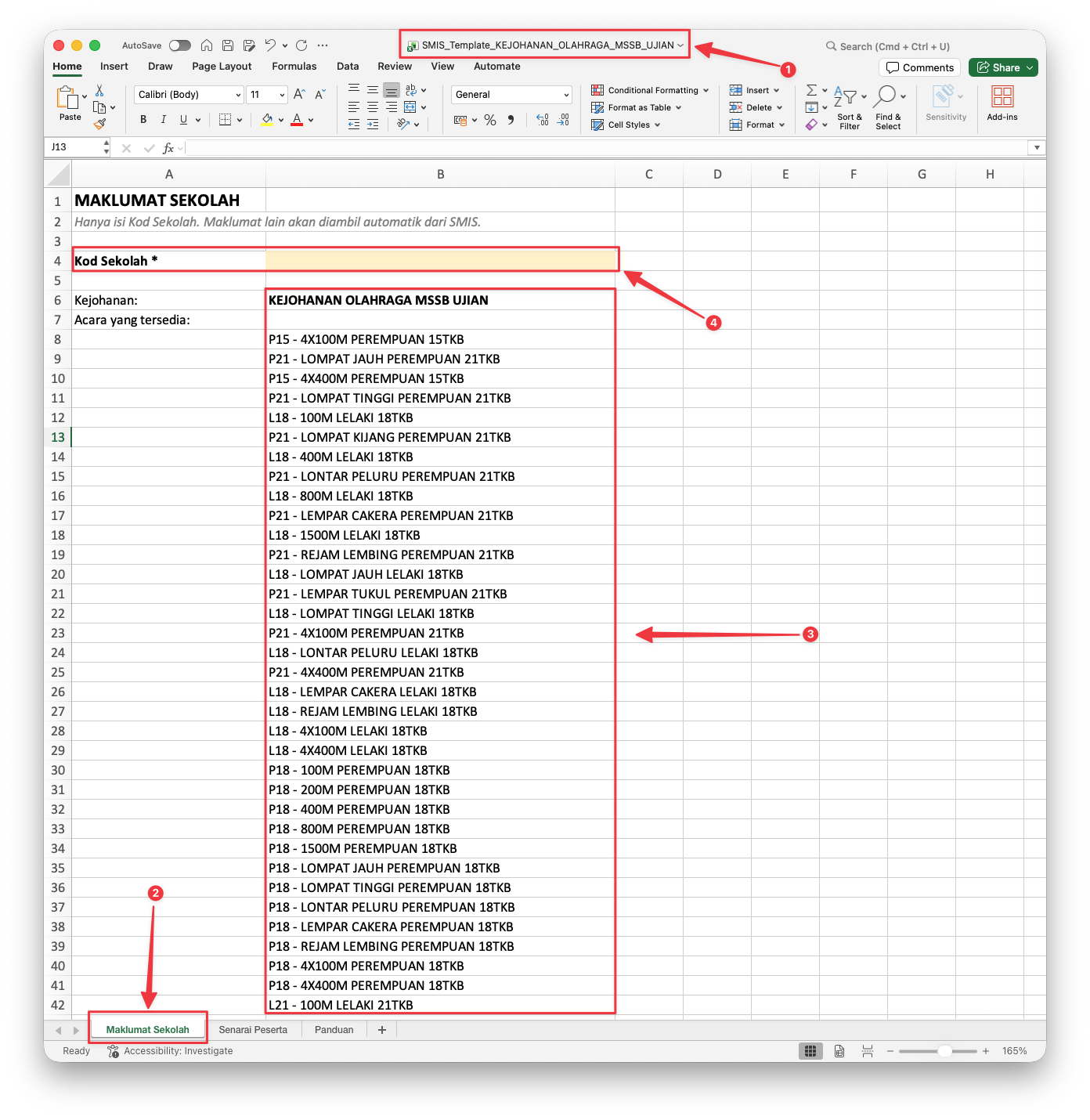 Template Excel SMIS dibuka di Microsoft Excel — nama kejohanan, sheet Maklumat Sekolah, senarai acara, dan kotak Kod Sekolah diserlahkan