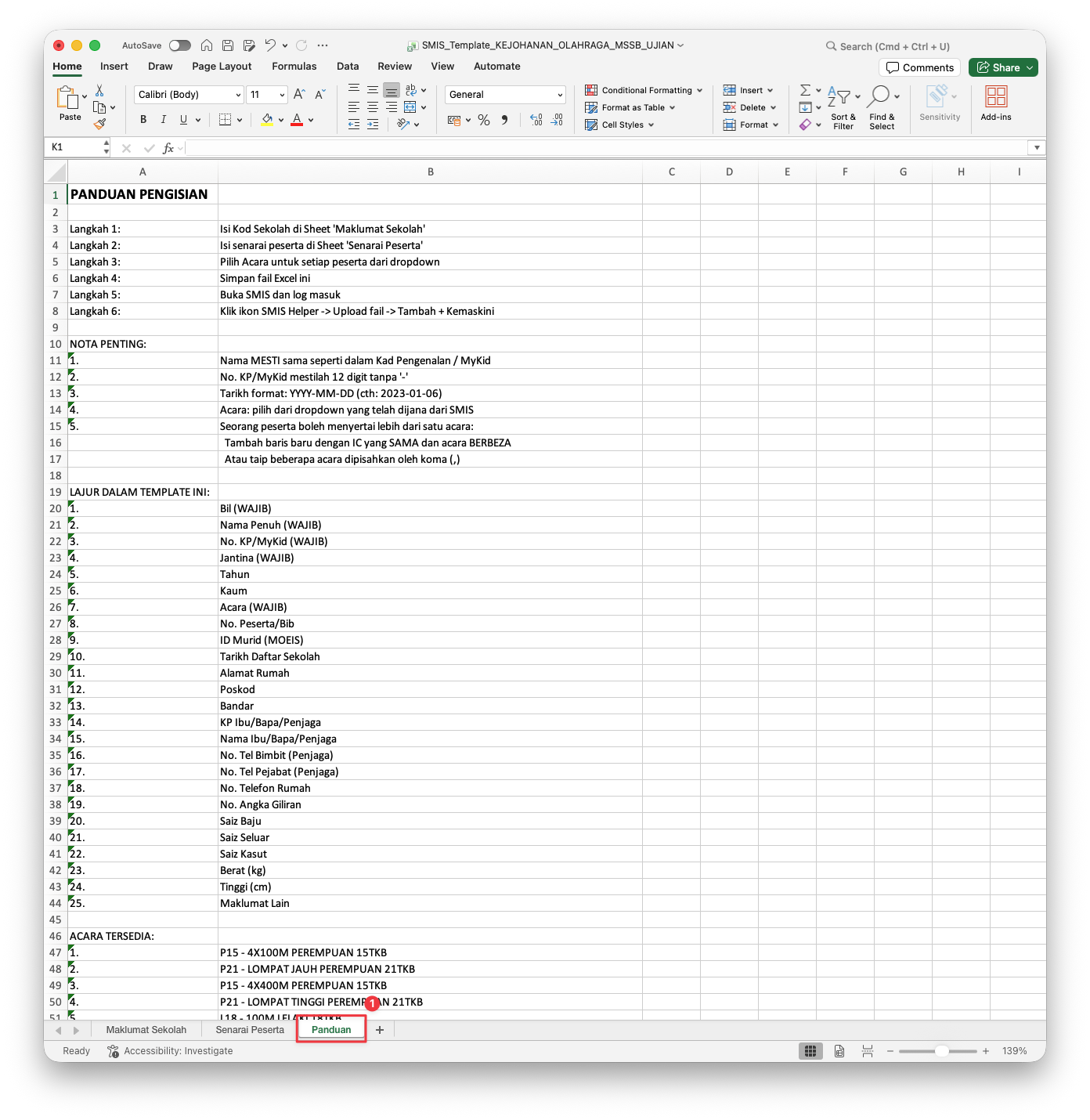 Sheet Panduan dalam template Excel — senarai langkah, NOTA PENTING, dan rujukan lajur