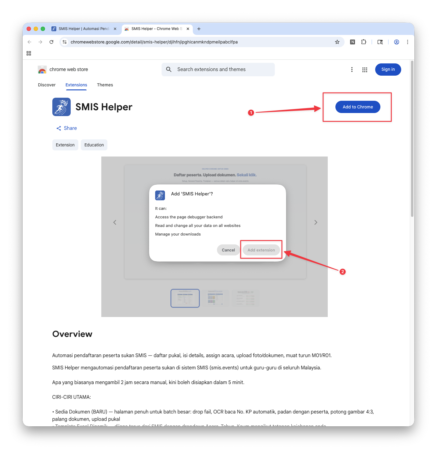Halaman Chrome Web Store SMIS Helper dengan butang Add to Chrome dan dialog Add extension