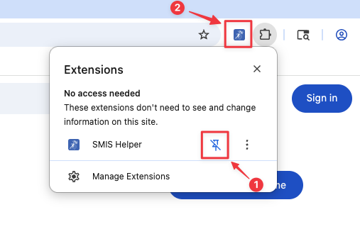 Senarai extension Chrome dengan ikon pin dan SMIS Helper di toolbar